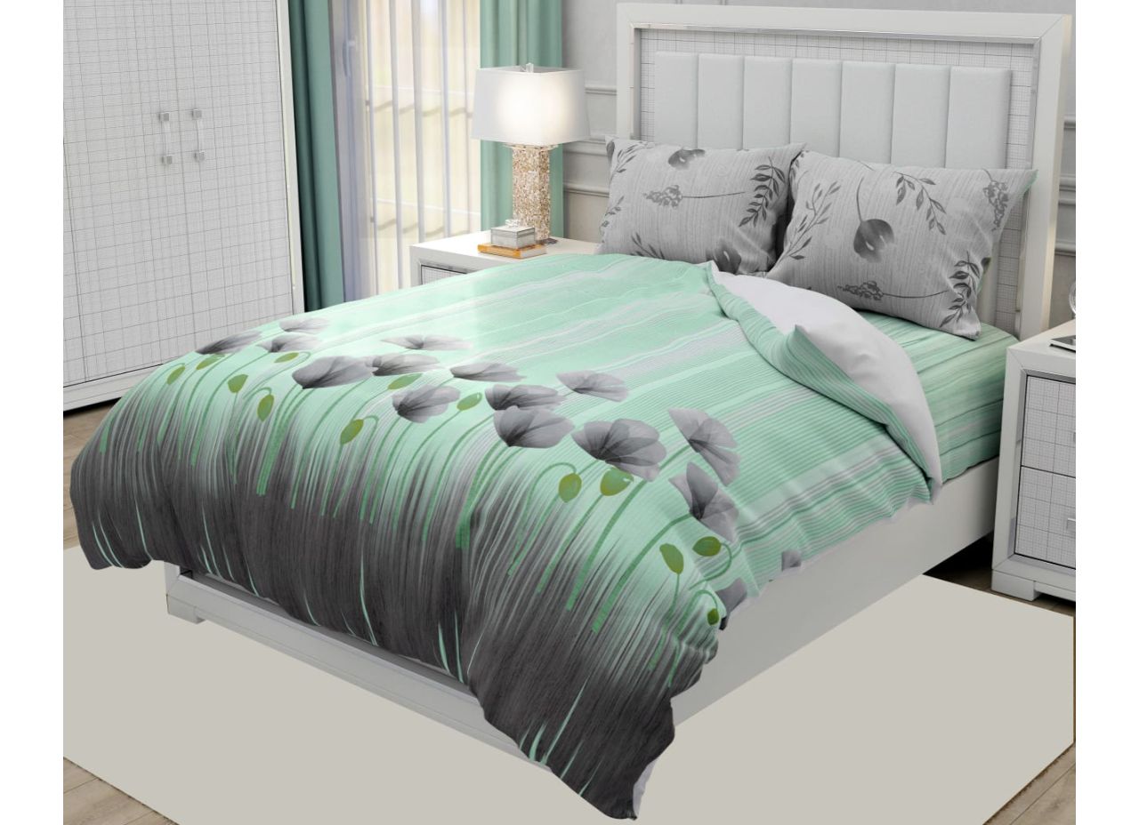 Beautiful Green and Grey Flower Print King Size Premium Twil Cotton Bed Sheet