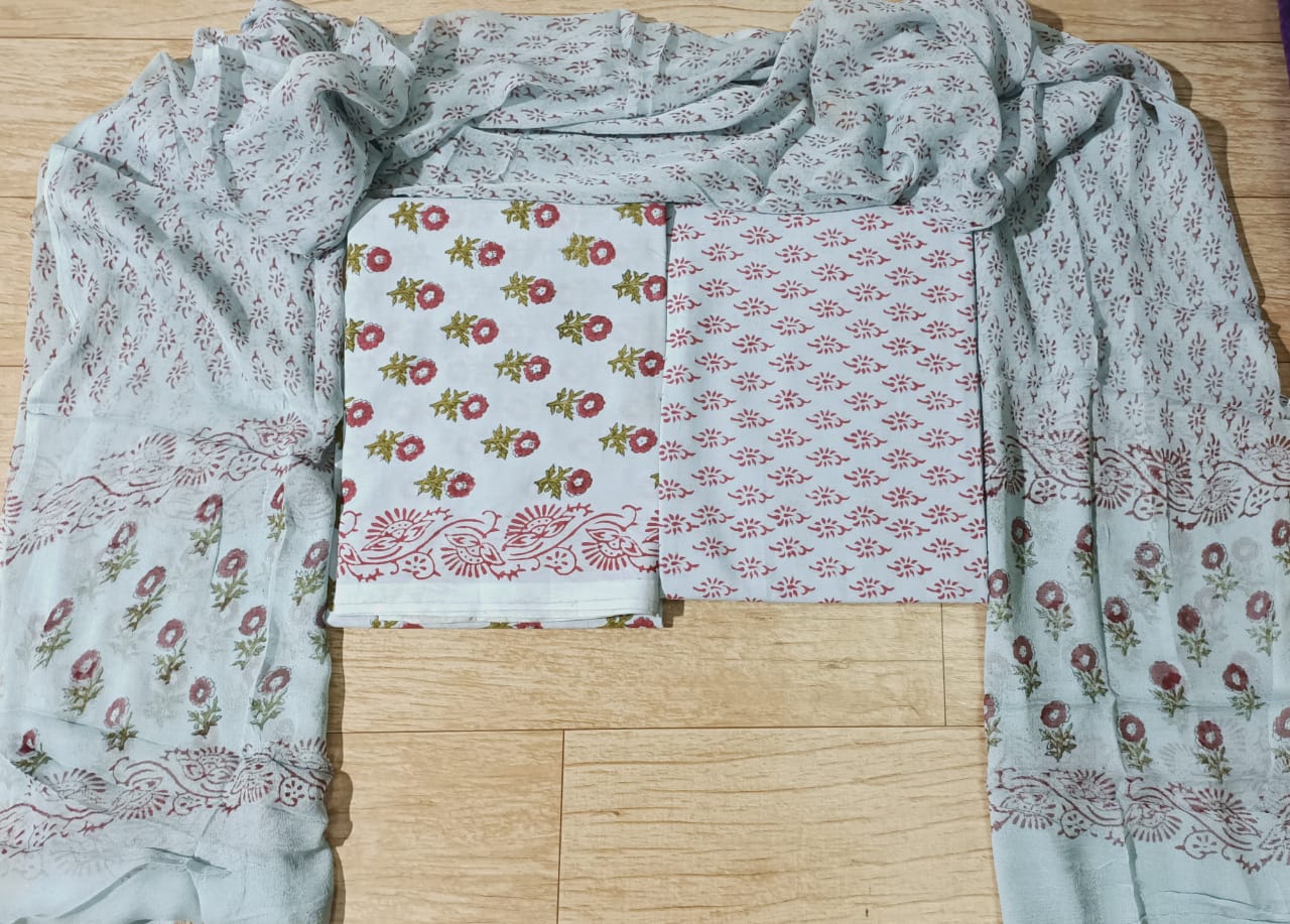 Light Grey Flower Print Cotton Unstitched Suit Set with Chiffon Dupatta