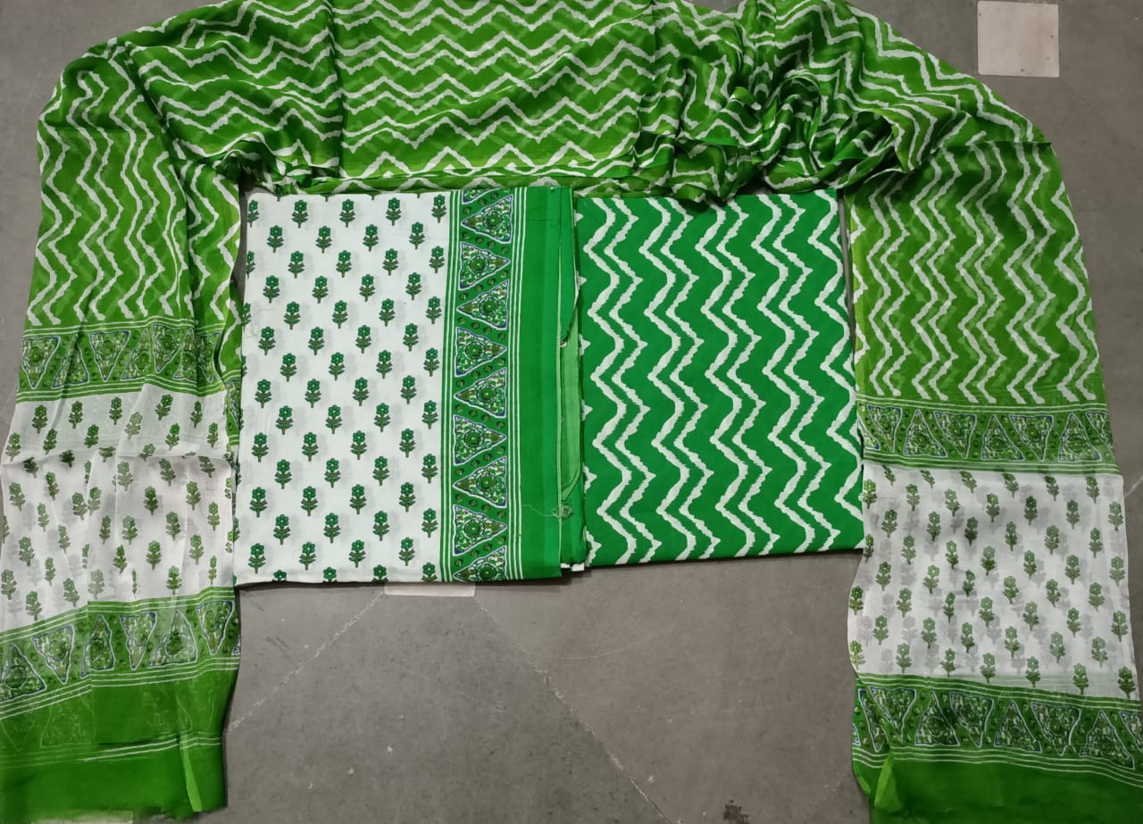 Green Zig Zag Print Cotton Unstitched Suit Set with Chiffon Dupatta