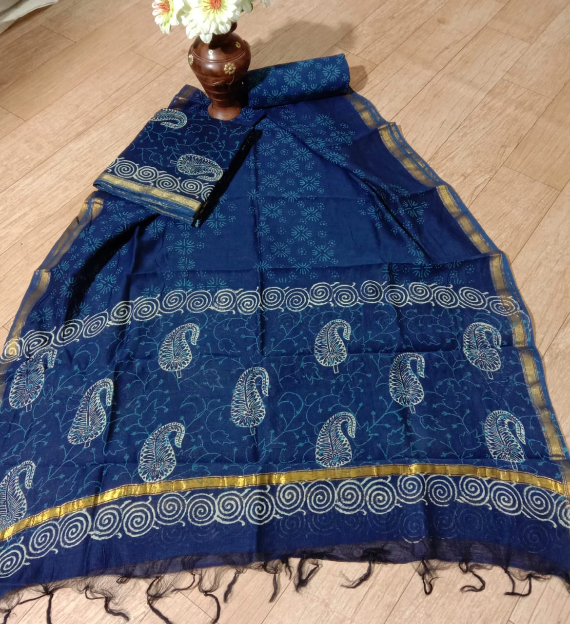 Blue Butta Print Chanderi Silk Unstitched Suit Set with Chanderi Silk Dupatta