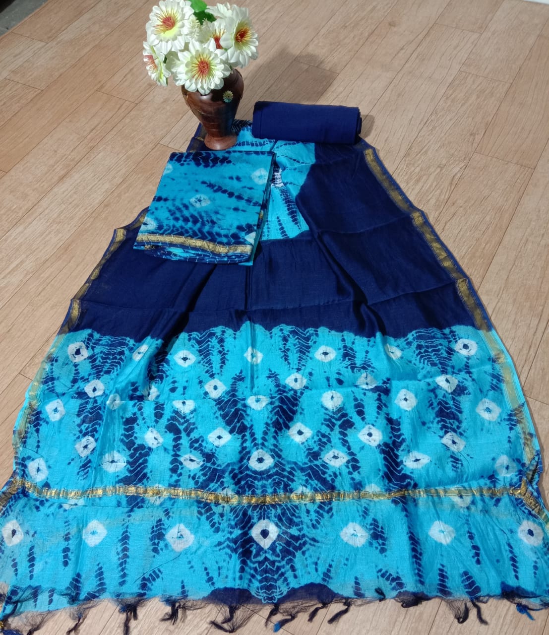 Blue Abstract Print Chanderi Silk Unstitched Suit Set with Chanderi Silk Dupatta