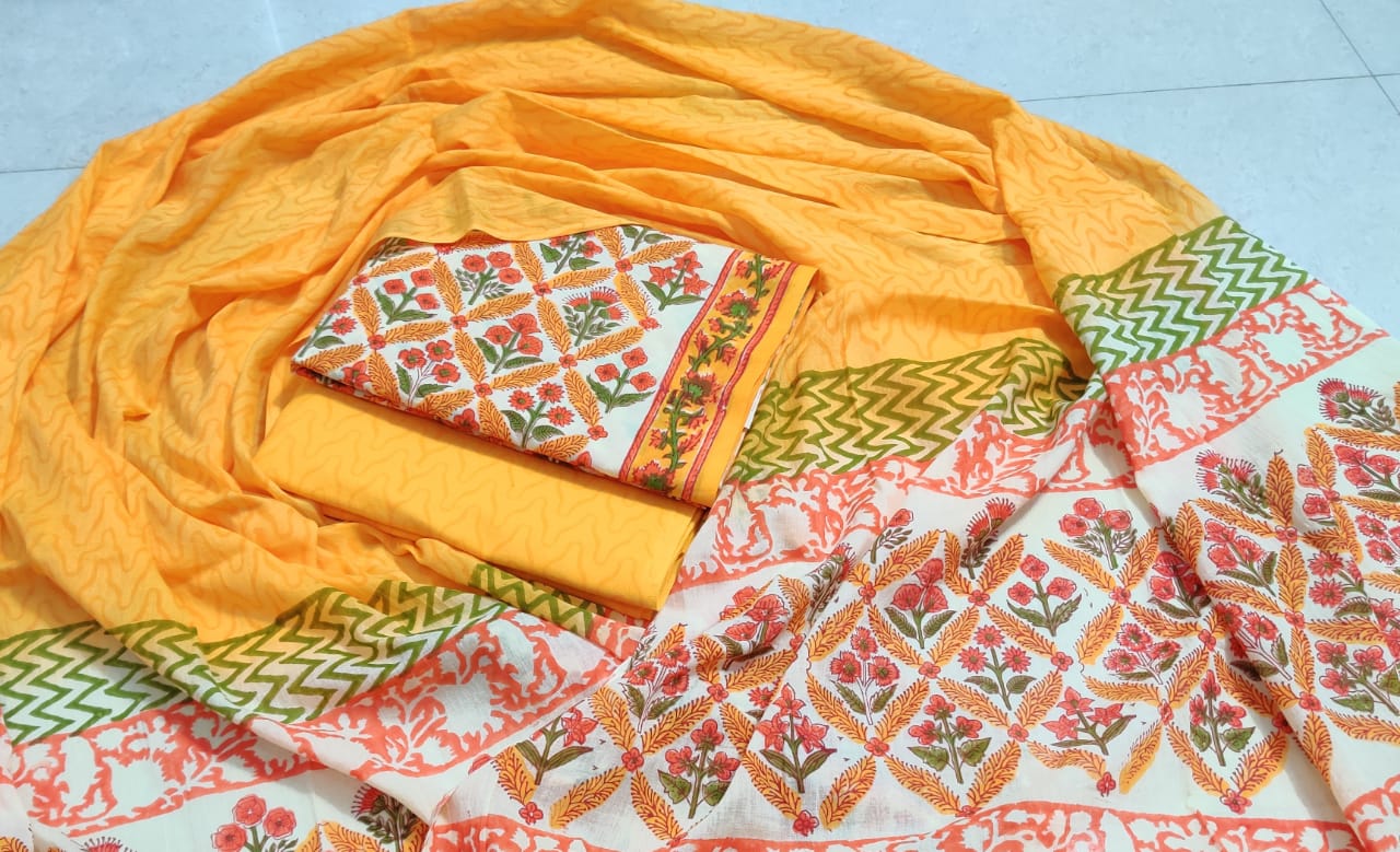 Yellow Flower Print Cotton Unstitched Suit Set with Cotton Duppatta