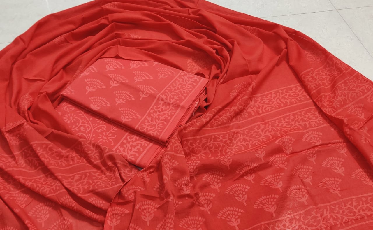 Red Leaf Print Cotton Unstitched Suit Set with Cotton Duppatta