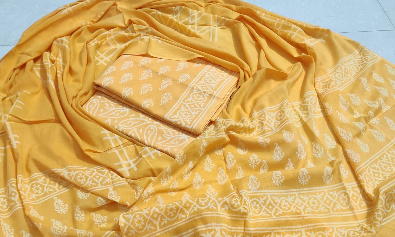 Yellow Butta Print Cotton Unstitched Suit Set with Cotton Duppatta