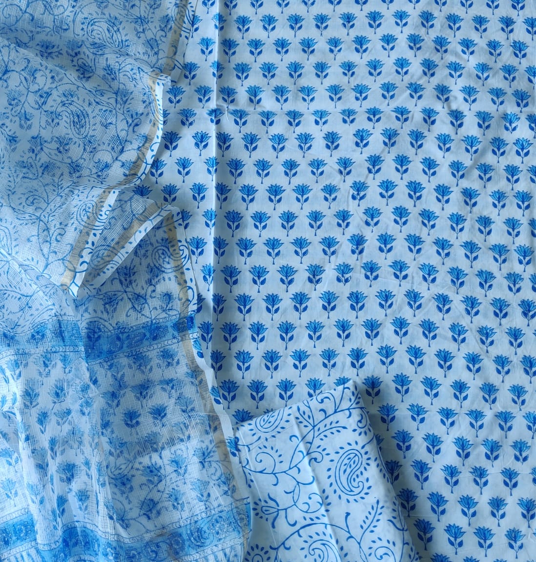 Blue Flower Print Cotton Unstitched Suit Set with Kota Doria Duppatta