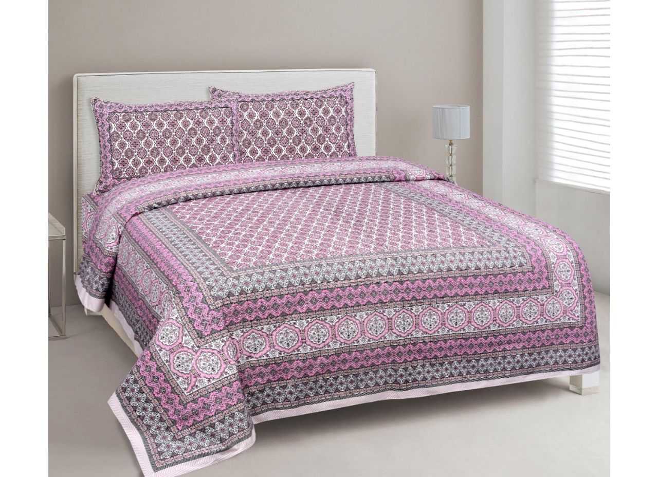Pink Multi Print King Size Cotton Bed Sheet