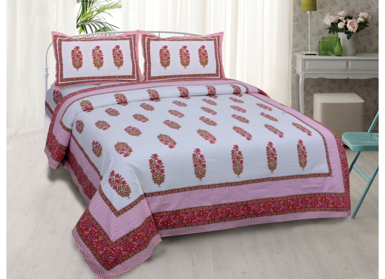Pink Flower Print King Size very Beautiful Cotton Bed Sheet