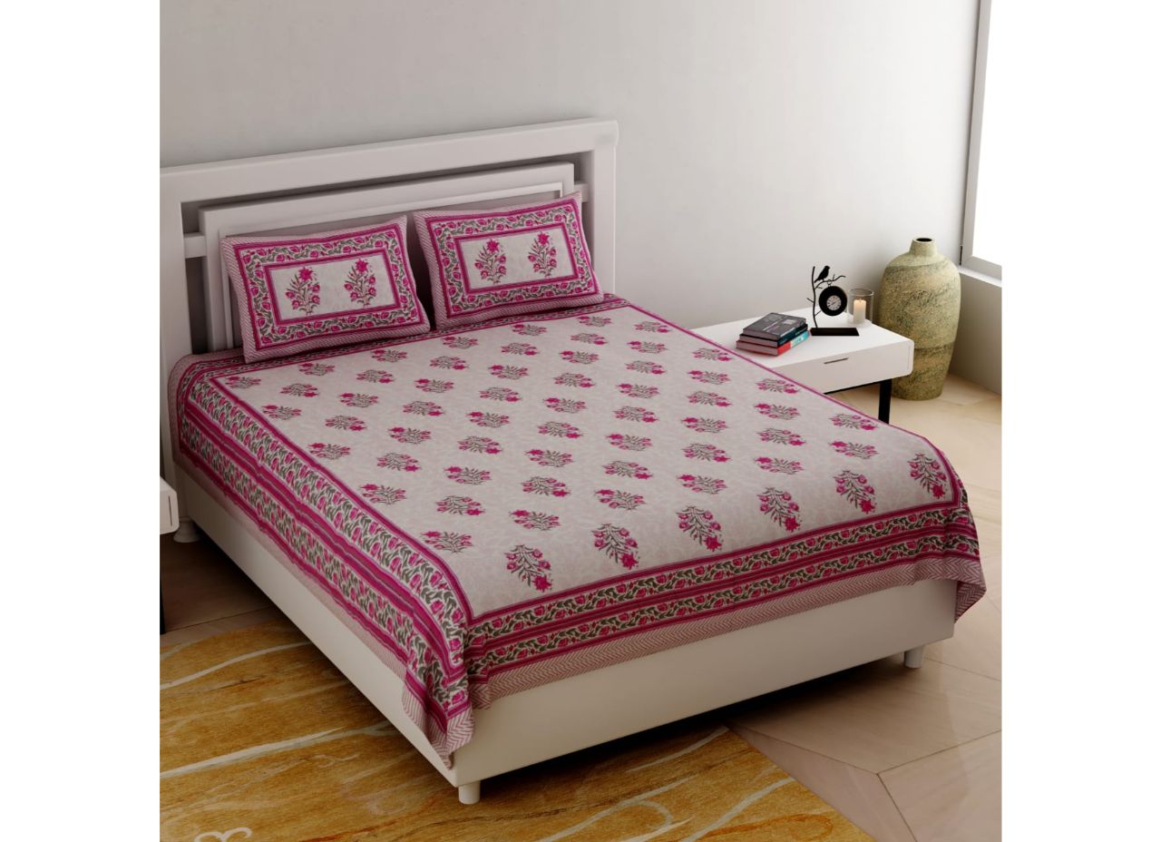 Pink all over Flower Print King Size very Beautiful Cotton Bed Sheet