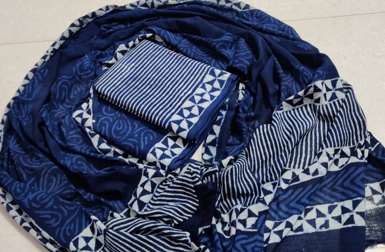 Blue Abstract Print Cotton Unstitched Suit Set with Cotton Duppatta