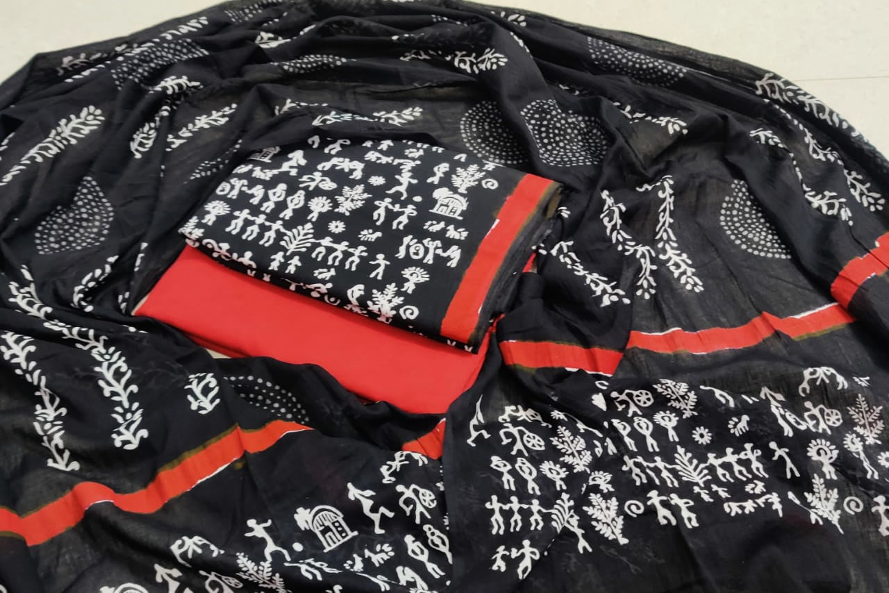Black Human Print Cotton Unstitched Suit Set with Cotton Duppatta