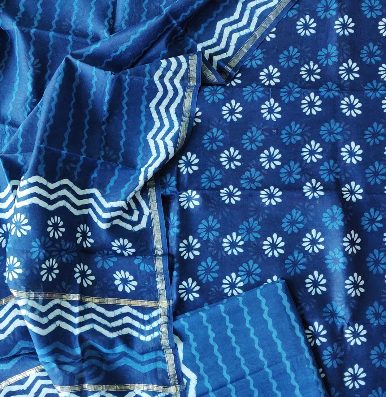 Blue Flower Print Chanderi Silk Unstitched Suit Set with Chanderi Silk Dupatta