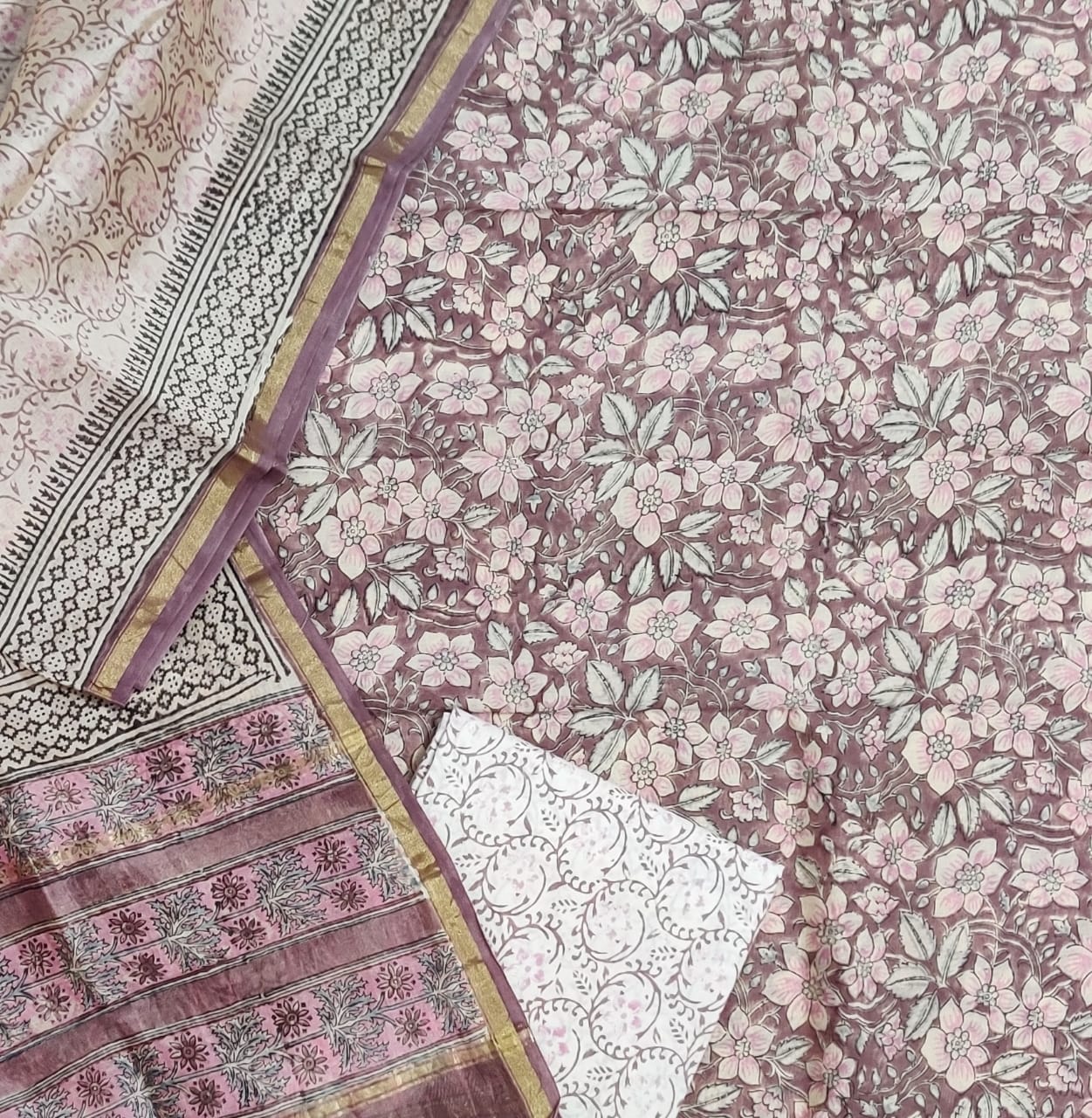 Opium Brown Flower Print Chanderi Silk Unstitched Suit Set with Chanderi Silk Dupatta