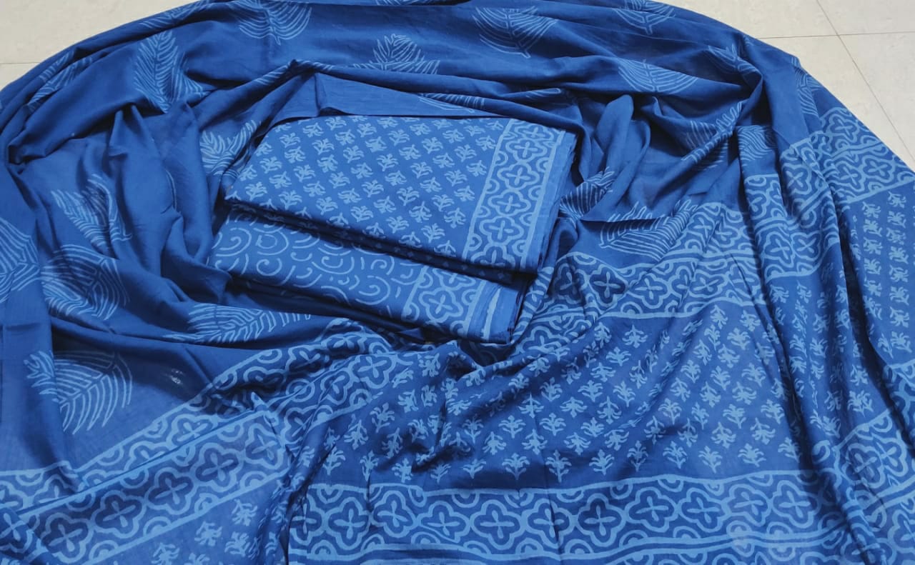 Blue Leaf Print Indigo Cotton Unstitched Suit Set with Cotton Duppatta