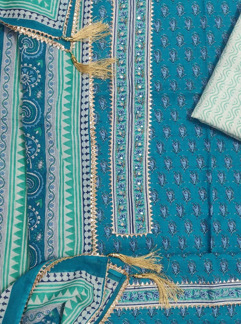 Blue Flower Print Cotton Designer Unstitched Suit Set with Cotton Duppatta