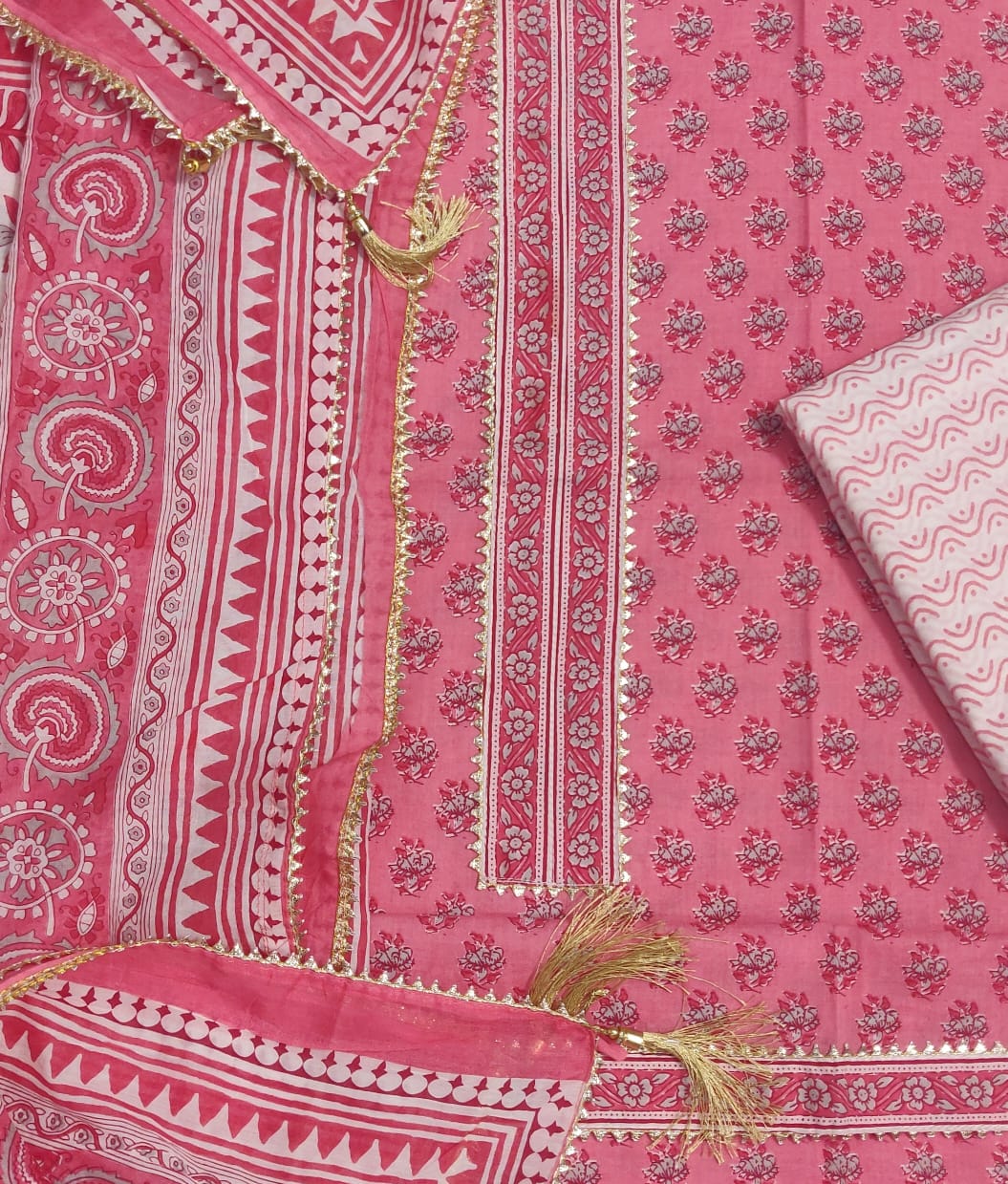 Pink Flower Print Cotton Designer Unstitched Suit Set with Cotton Duppatta