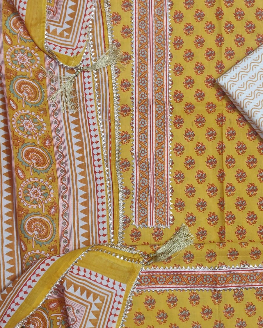 Yellow Flower Print Cotton Designer Unstitched Suit Set with Cotton Duppatta