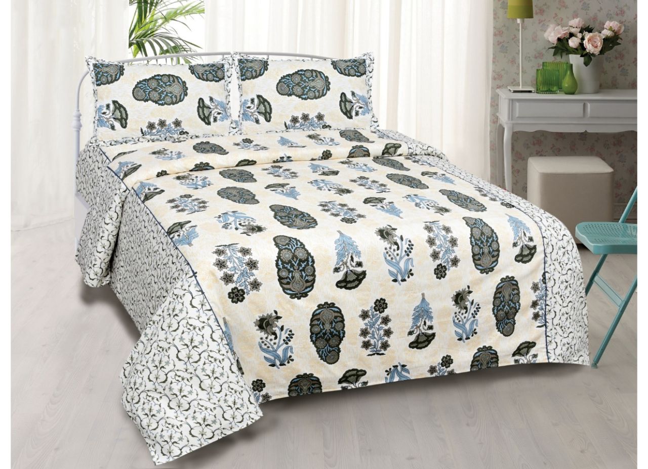 Beautiful and designer Sky Blue Flower with Boota  Print King Size Cotton Bed Sheet