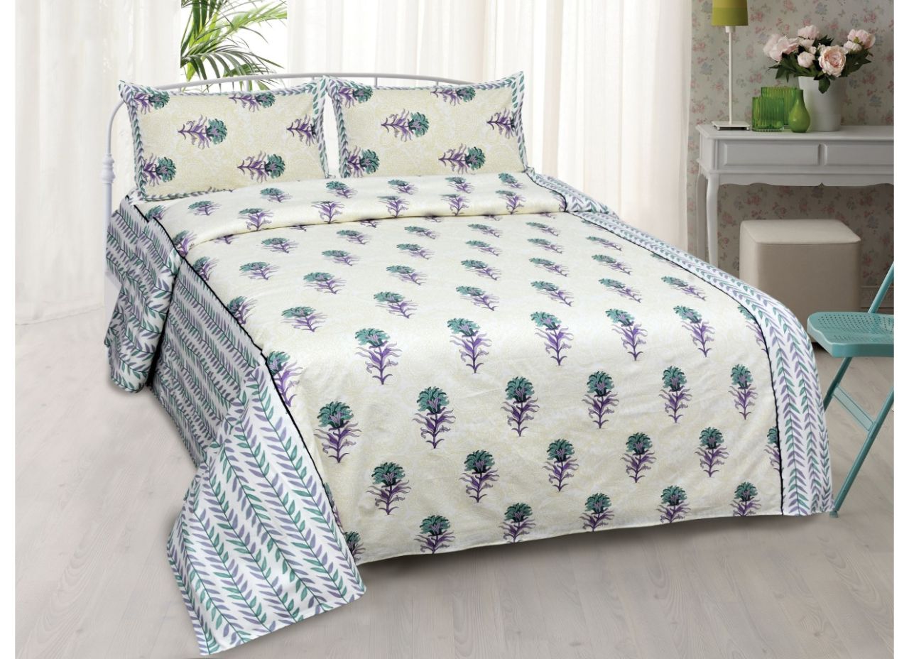 Beautiful Green and Purple Flower Print King Size Cotton Bed Sheet
