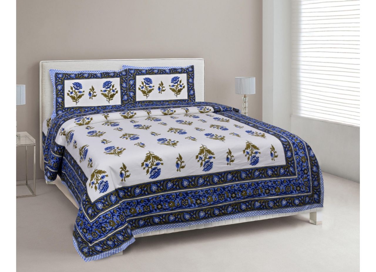 Beautiful Royal Blue Mughal Flower Print King Size Cotton Bed Sheet