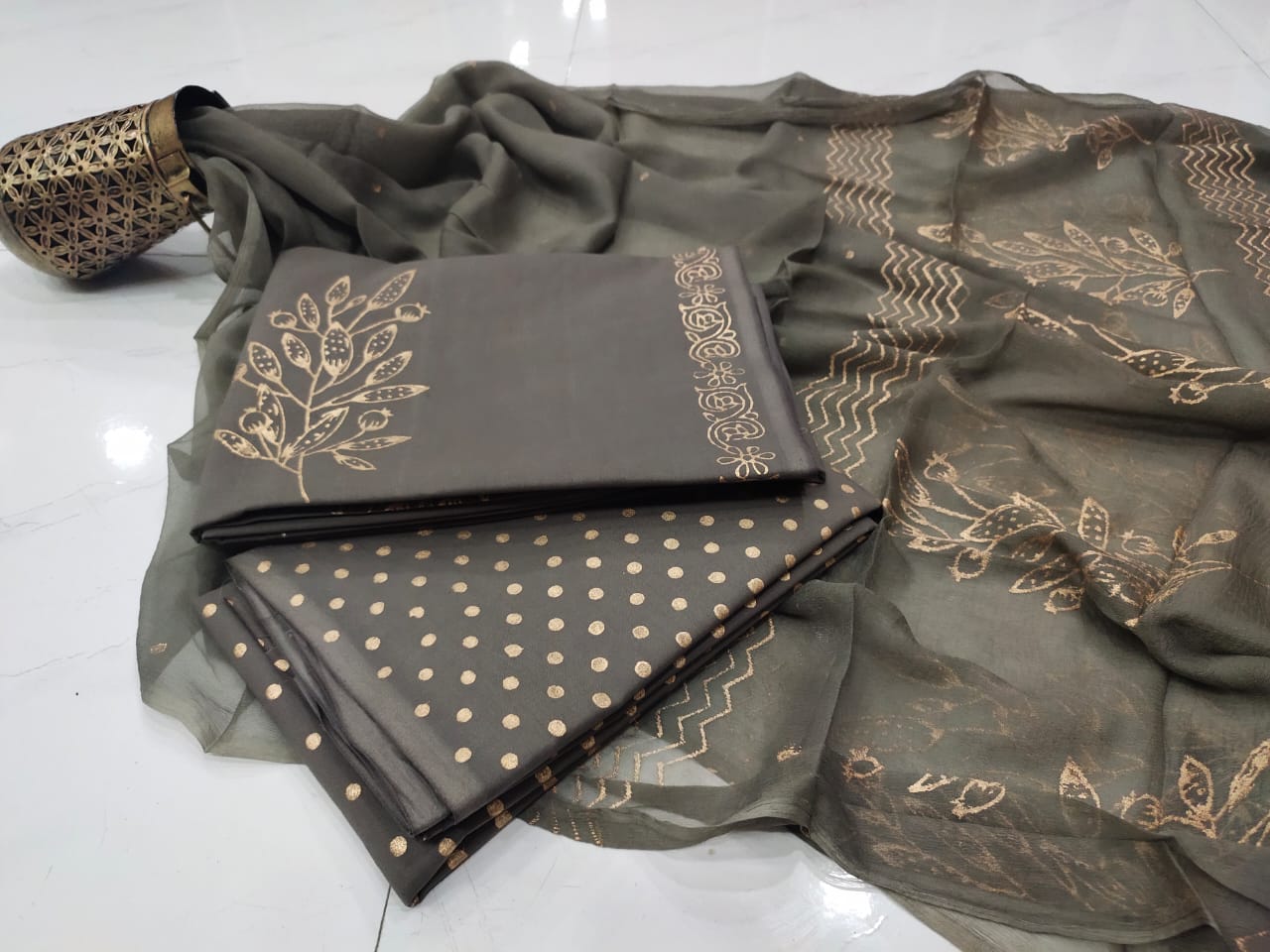 Grey Flower Print Cotton Unstitched Suit Set with Chiffon Dupatta