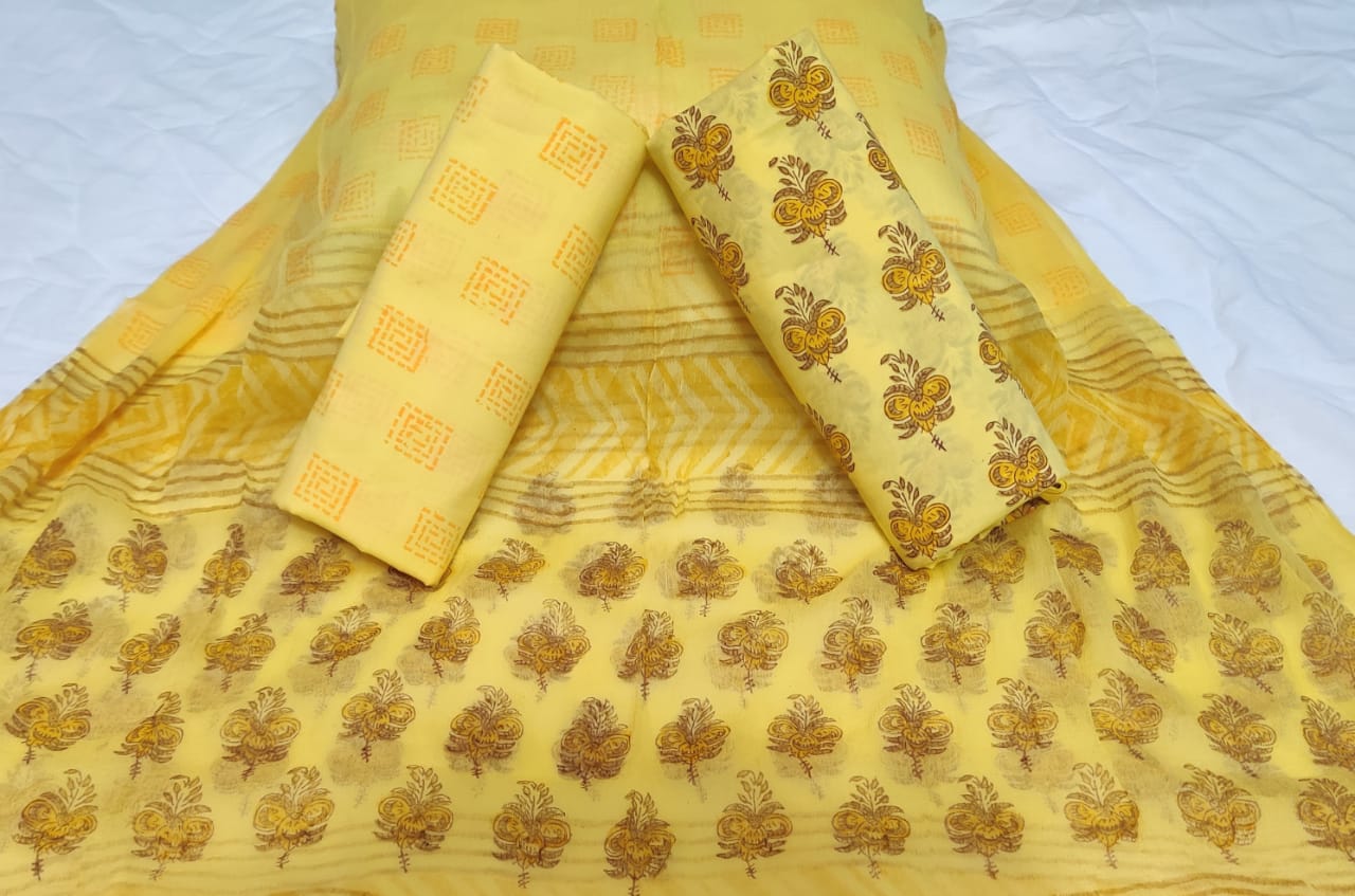 Yellow Flower Print Hand Block Cotton Unstitched Suit Set with Chiffon Dupatta