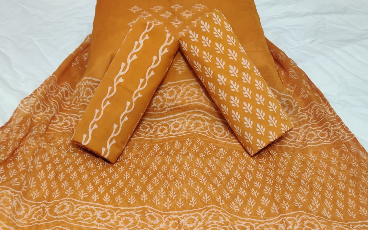 Light Brown Leaf Print Hand Block Cotton Unstitched Suit Set with Chiffon Dupatta