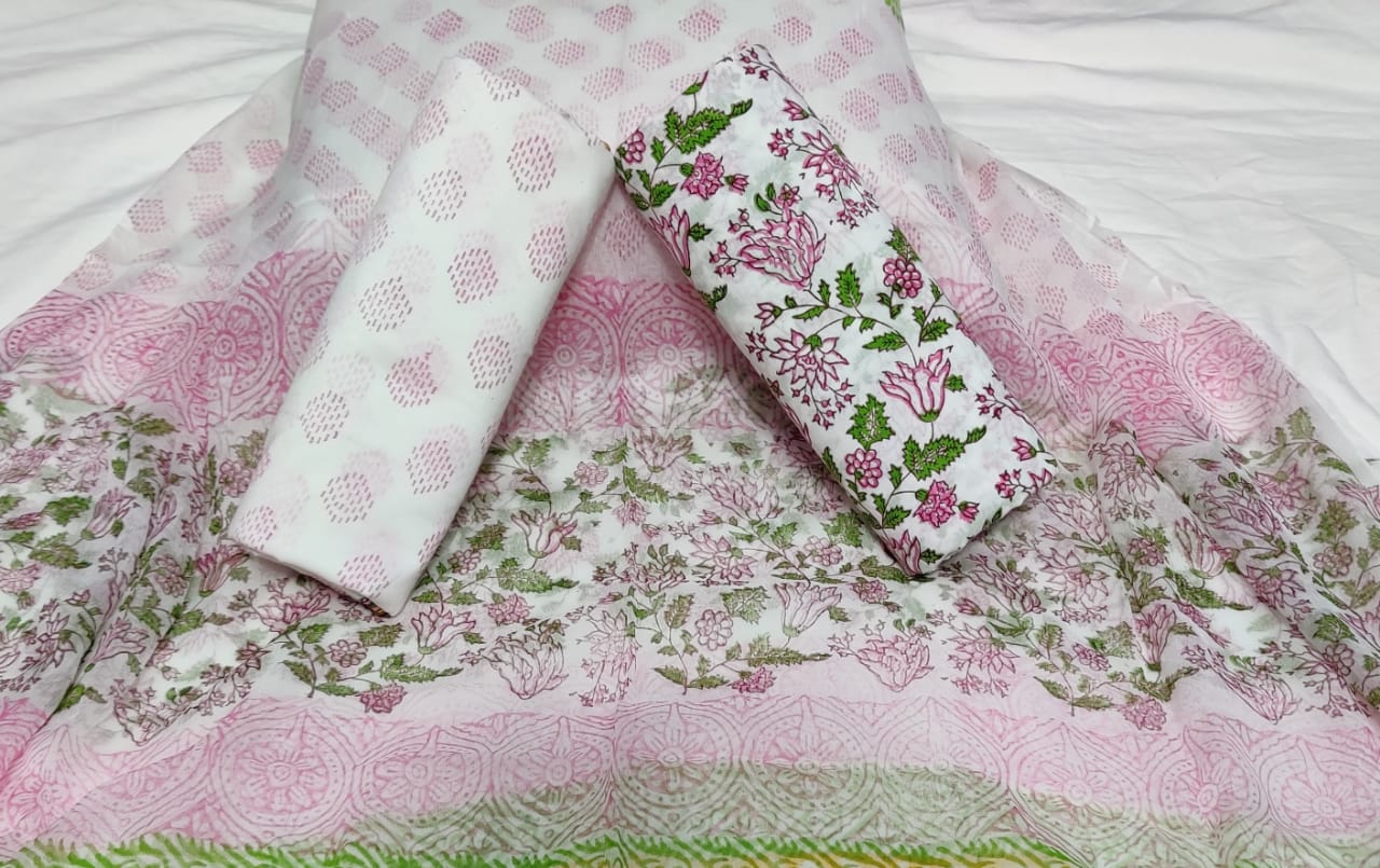 Pink Flower  Print Hand Block Cotton Unstitched Suit Set with Chiffon Dupatta