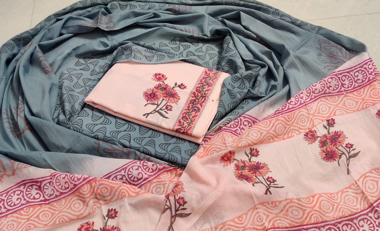 Peach & Grey  Flower Print Hand Block Cotton Suit Set with Cotton Duppatta