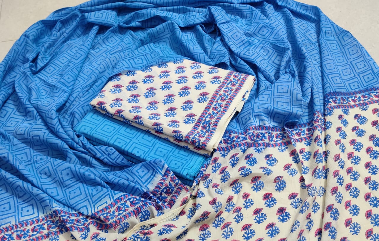 Blue  Flower Print Hand Block Cotton Suit Set with Cotton Duppatta