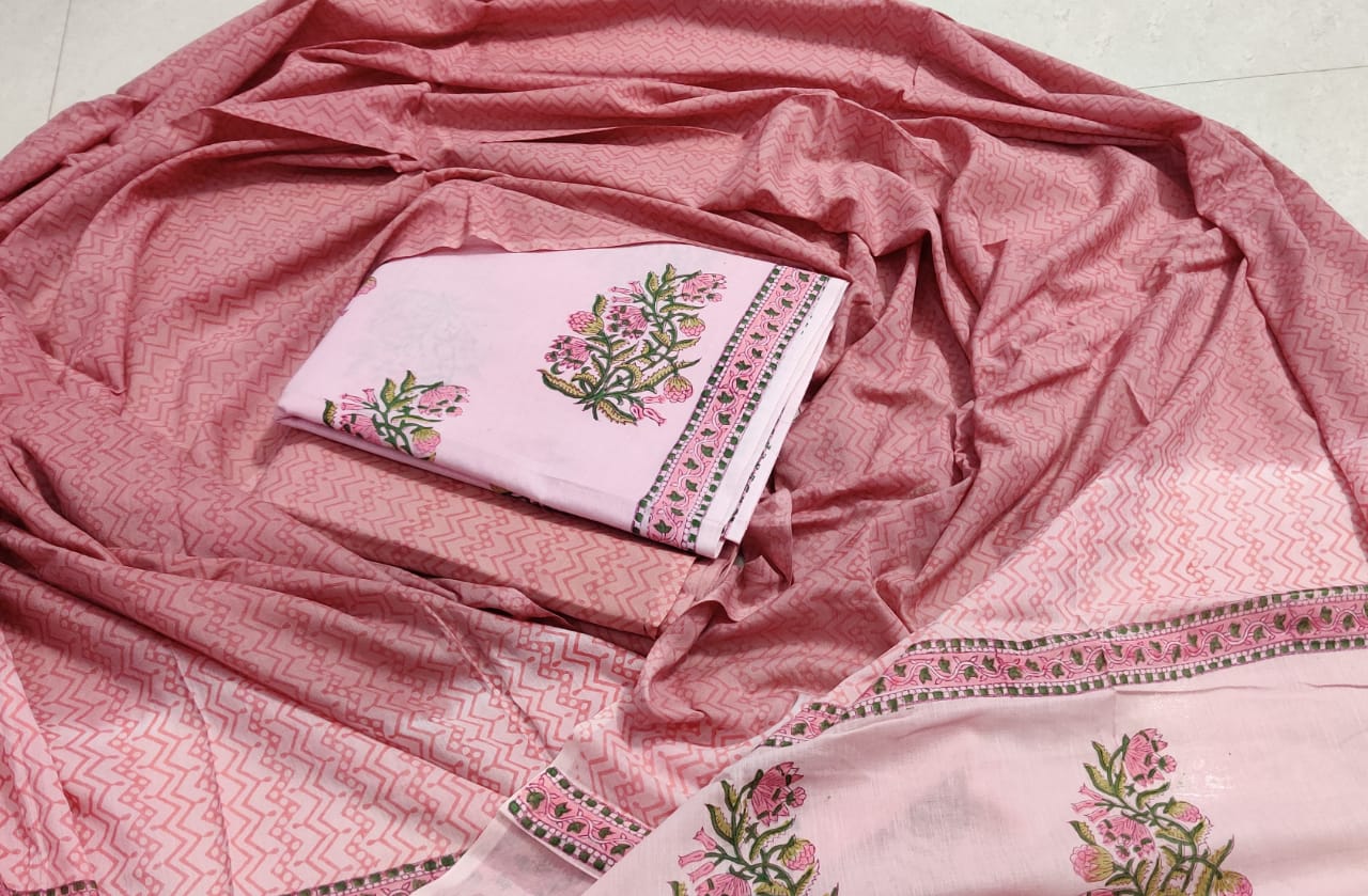 Pink Flower Print Hand Block Cotton Suit Set with Cotton Duppatta