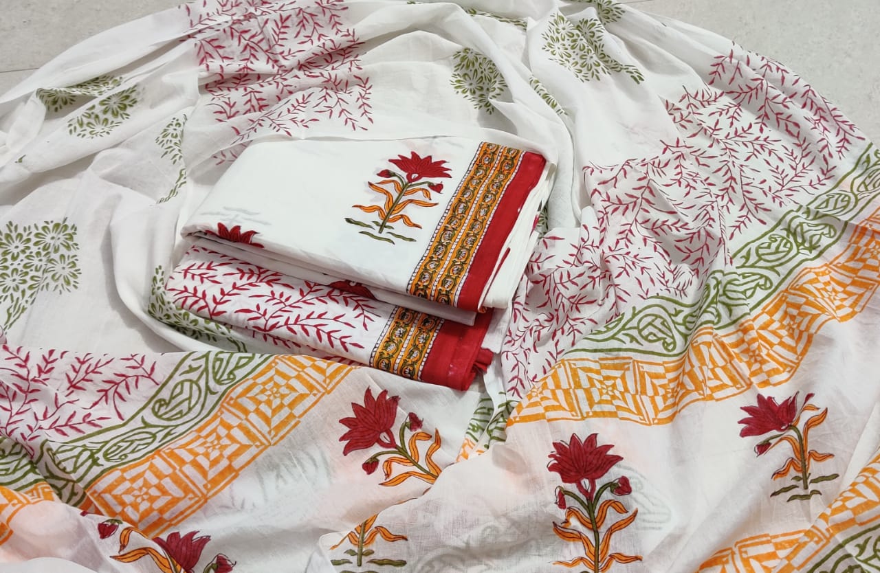 White & Red Flower Print Hand Block Cotton Suit Set with Cotton Duppatta