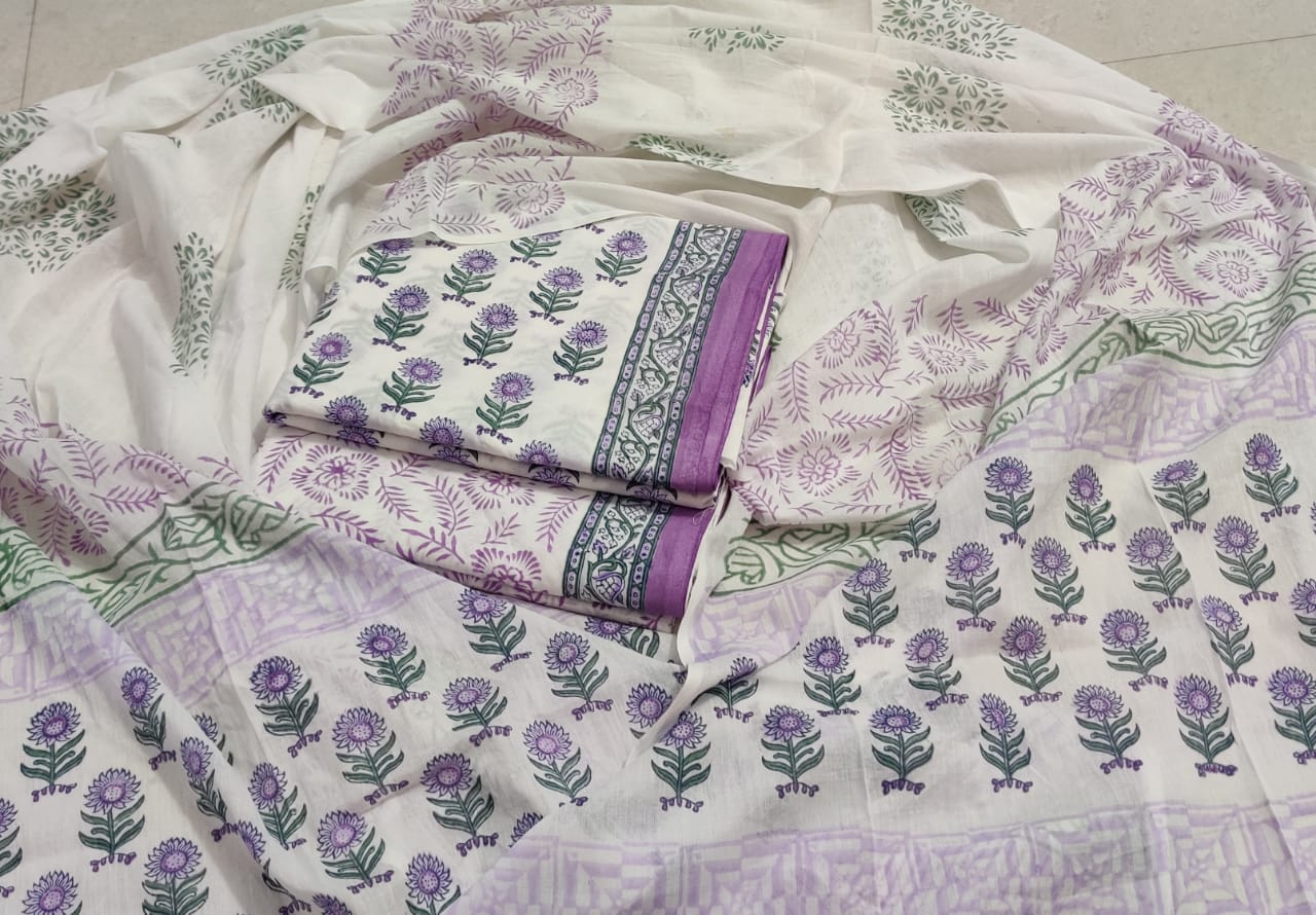Violet  Flower Print Hand Block Cotton Suit Set with Cotton Duppatta