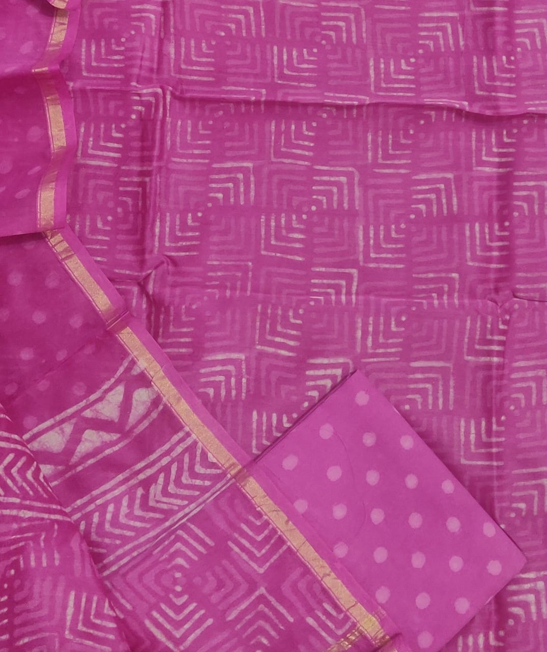 Pink Dots Print Chanderi Unstitched Suit Set with Chanderi Dupatta