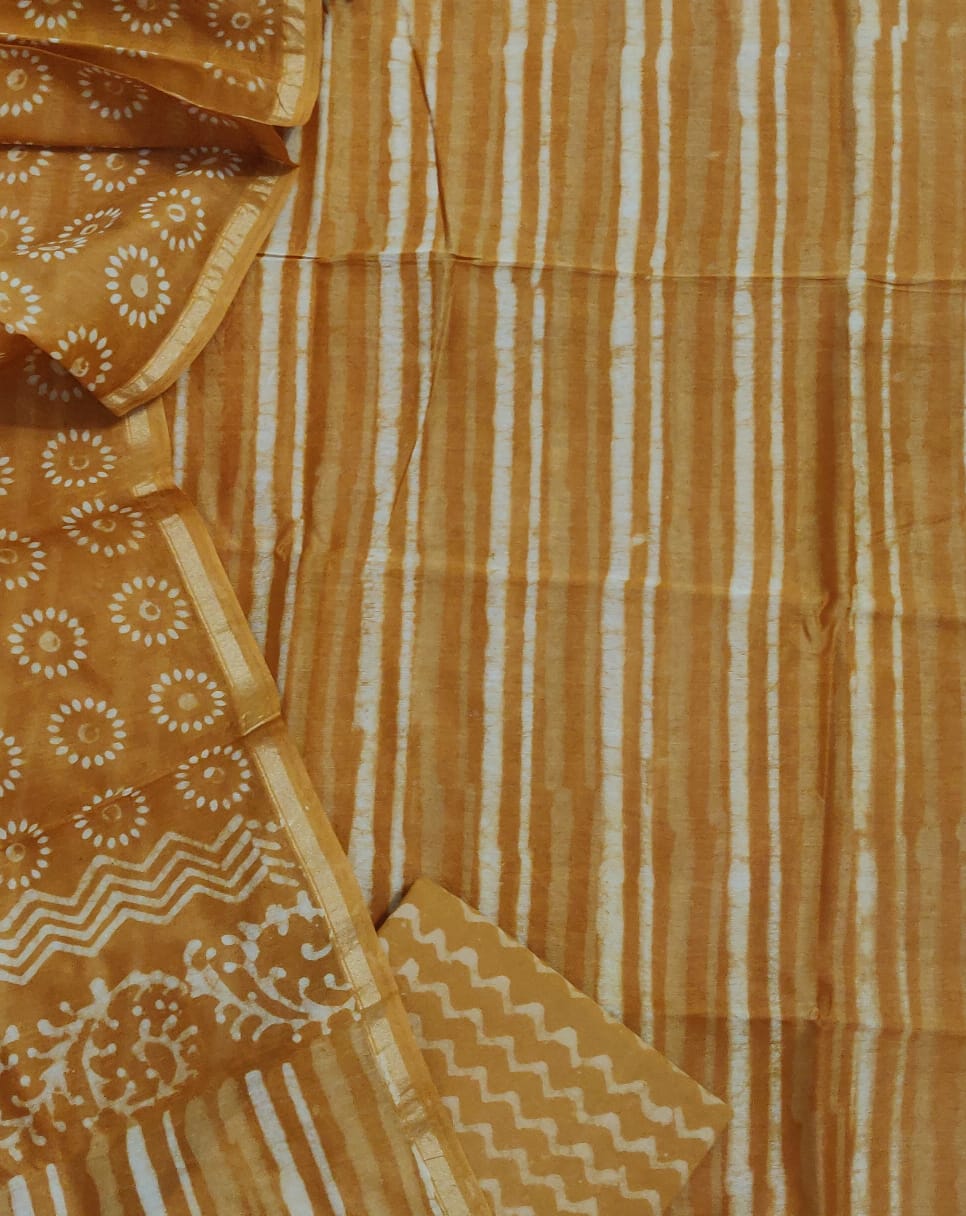 Brown Strips Print Chanderi Unstitched Suit Set with Chanderi Dupatta