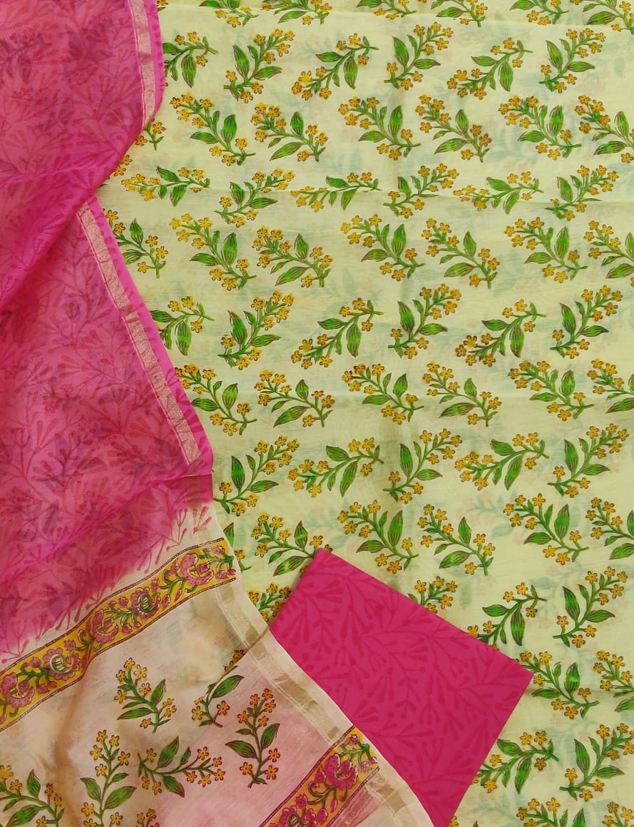 Light Green Flower Print Chanderi Unstitched Suit Set with Chanderi Dupatta