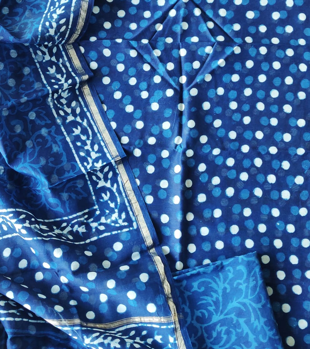 Blue Dot Print Chanderi Unstitched Suit Set with Chanderi Dupatta