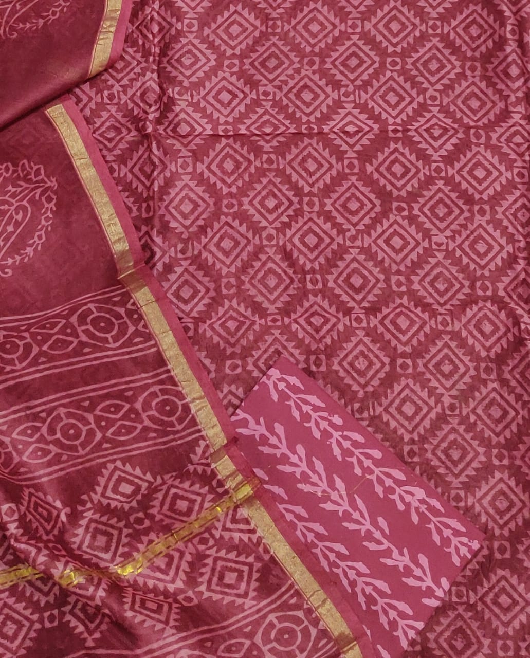 Red Leaf Print Chanderi Unstitched Suit Set with Chanderi Dupatta
