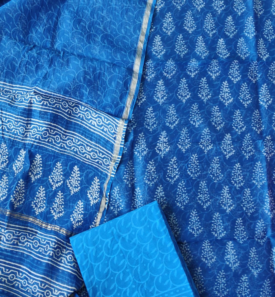 Blue Leaf Print Chanderi Unstitched Suit Set with Chanderi Dupatta