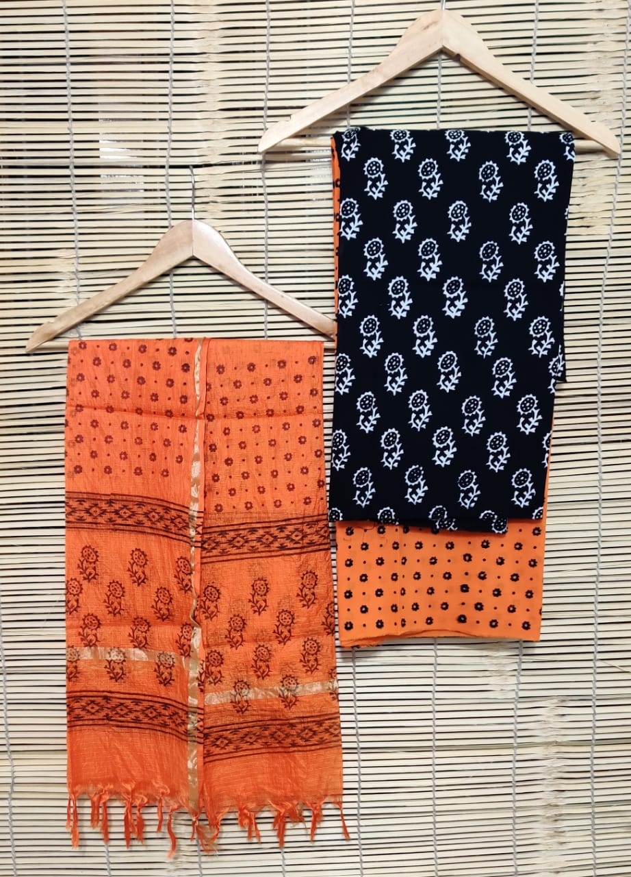 Orange & Black Flower Print Cotton Unstitched Suit Set with Kota Silk Dupatta