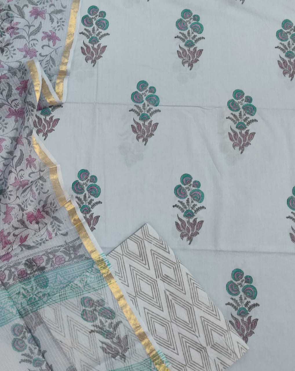 Light Gray Flower Print Cotton Unstithced Suit Set with Kota Doria Duppatta