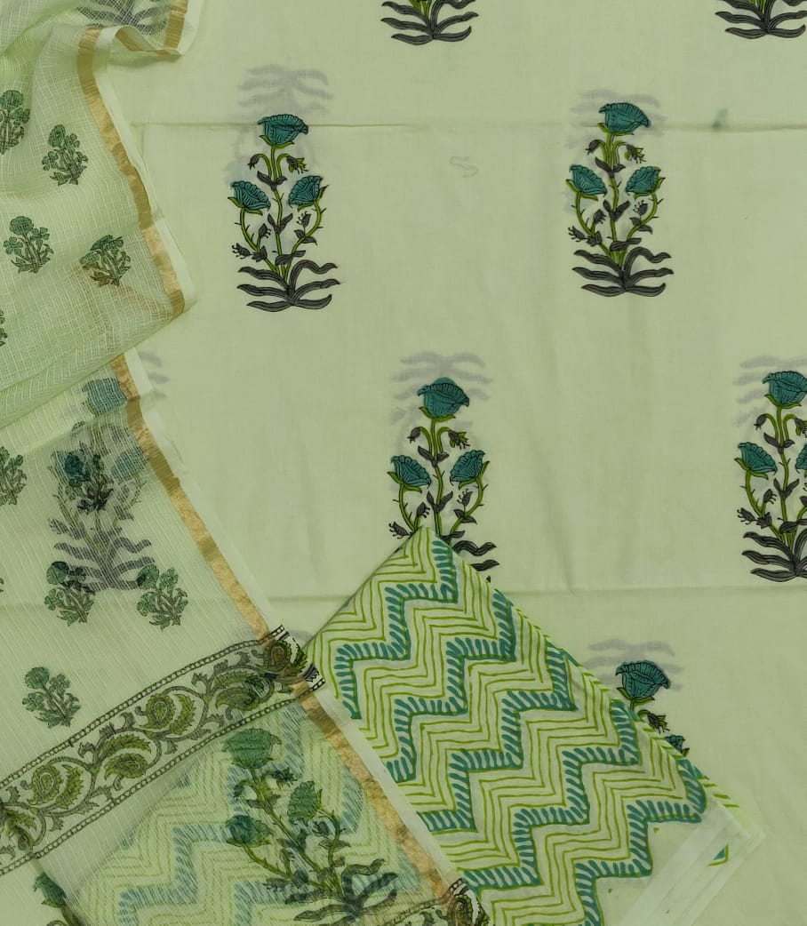 Light Green Flower Print Cotton Suit Set with Kota Doria Duppatta