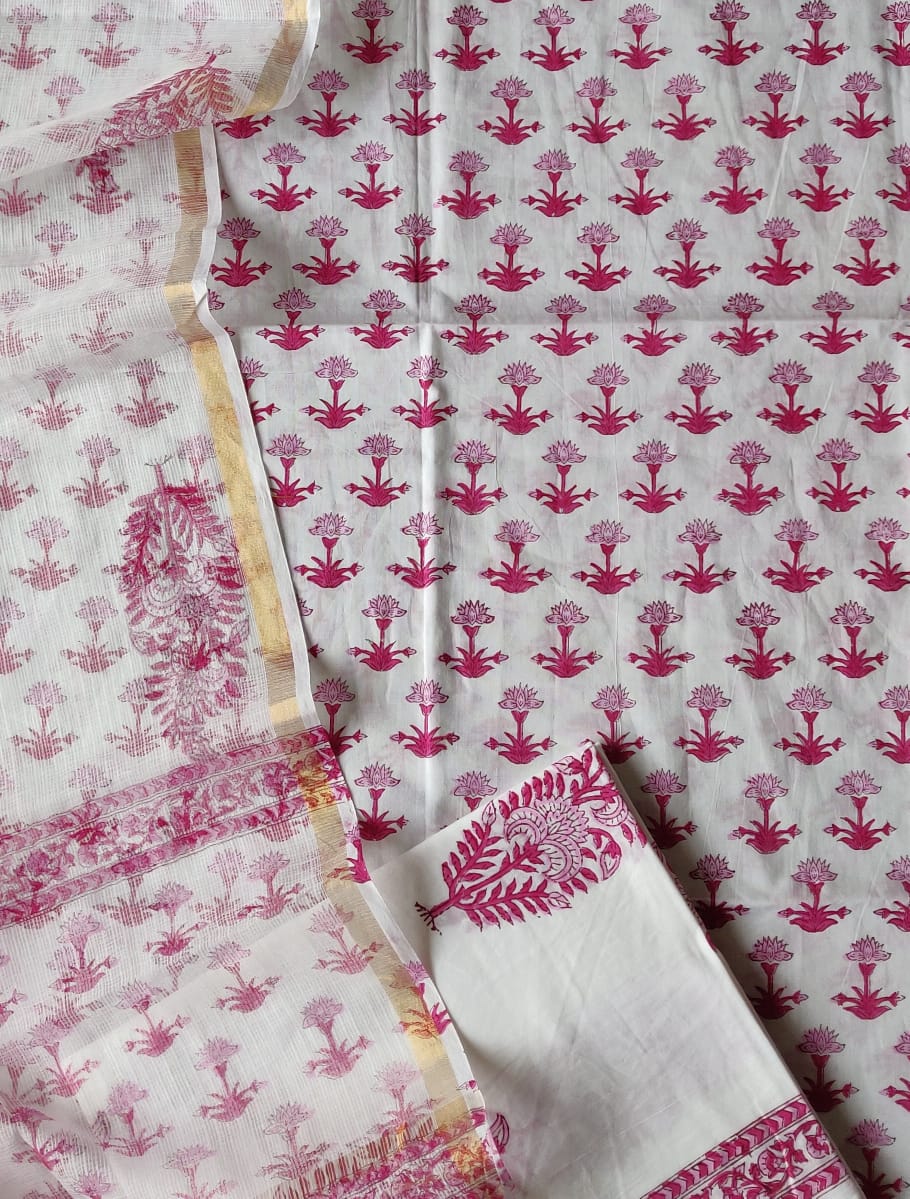 White & Red Flower Print Cotton Suit Set with Kota Doria Duppatta