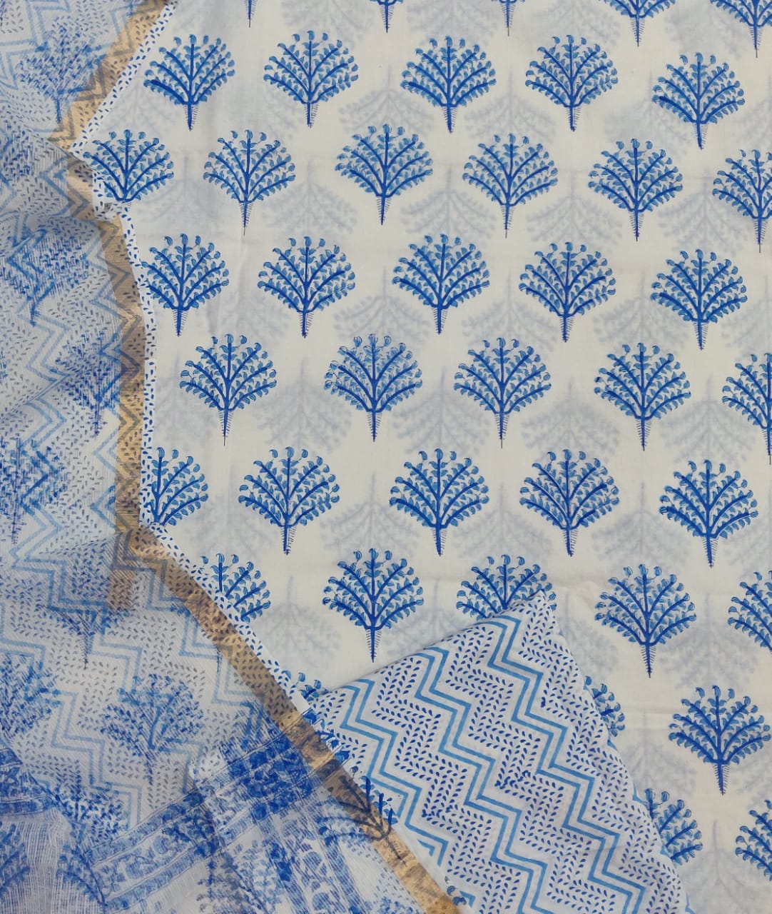 Blue Plant Print Cotton Suit Set with Kota Doria Duppatta