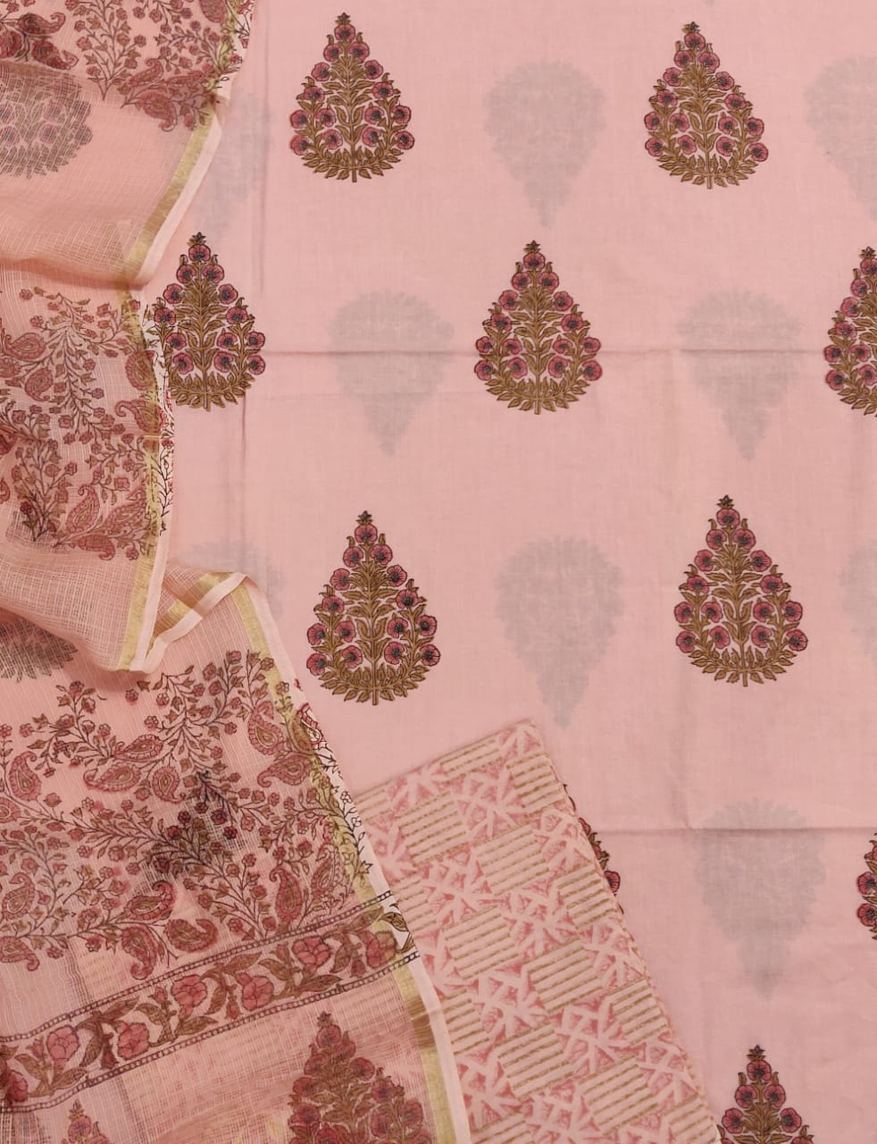 Light Pink Flower Print Cotton Suit Set with Kota Doria Duppatta