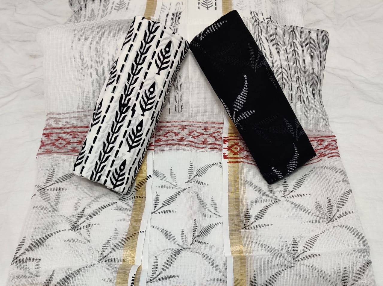 White & Black Leaf Print Cotton Suit Set with Kota Doria Duppatta