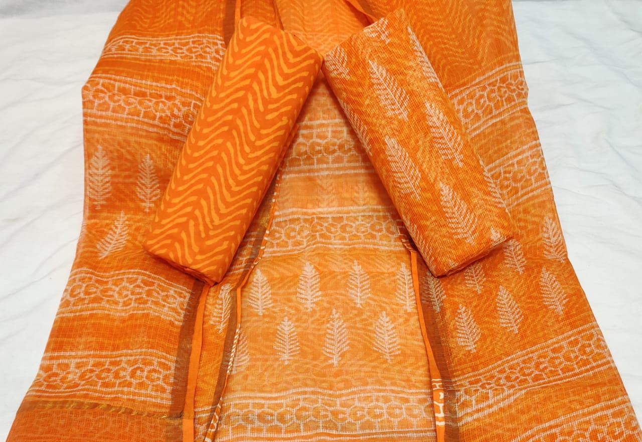 Orange Leaf Print Kota Doria Unstitched Suit Set with Kota Doria Dupatta