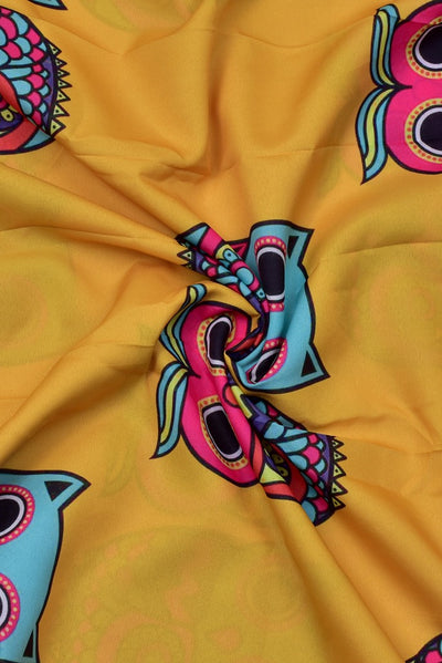 Yellow Owl  Print Digital Crepe Fabric