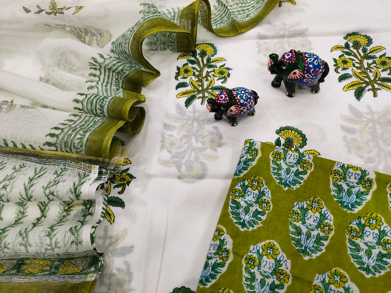 Green & Yellow Flower Print Cotton Suit Set with Kota Doria Duppatta