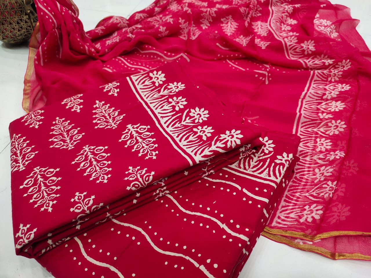 Red Flower Print Cotton Unstitched Suit Set with Chiffon Dupatta