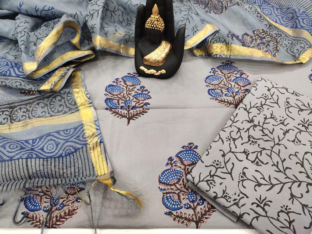 Light Gray Print Cotton Unstitched Suit Set with Kota Silk Dupatta